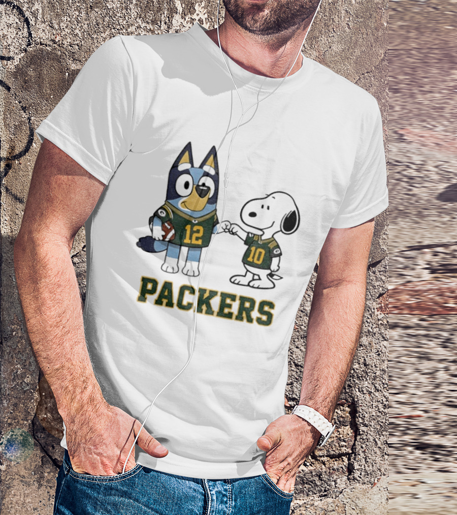 Bluey Snoopy Packers Football Friends Wearing 12 And 10 Jerseys T-Shirt