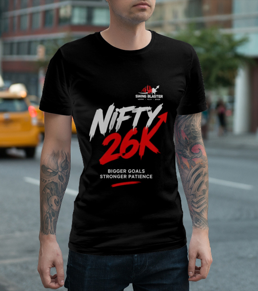 Swing Blaster Nifty 26K Bigger Goals Stronger Patience Bull And Bear Stock Market Trading Insights T-Shirt