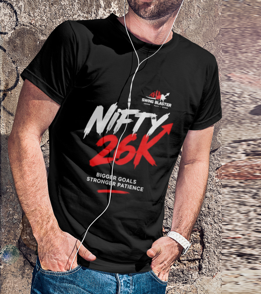 Swing Blaster Nifty 26K Bigger Goals Stronger Patience Bull And Bear Stock Market Trading Insights T-Shirt