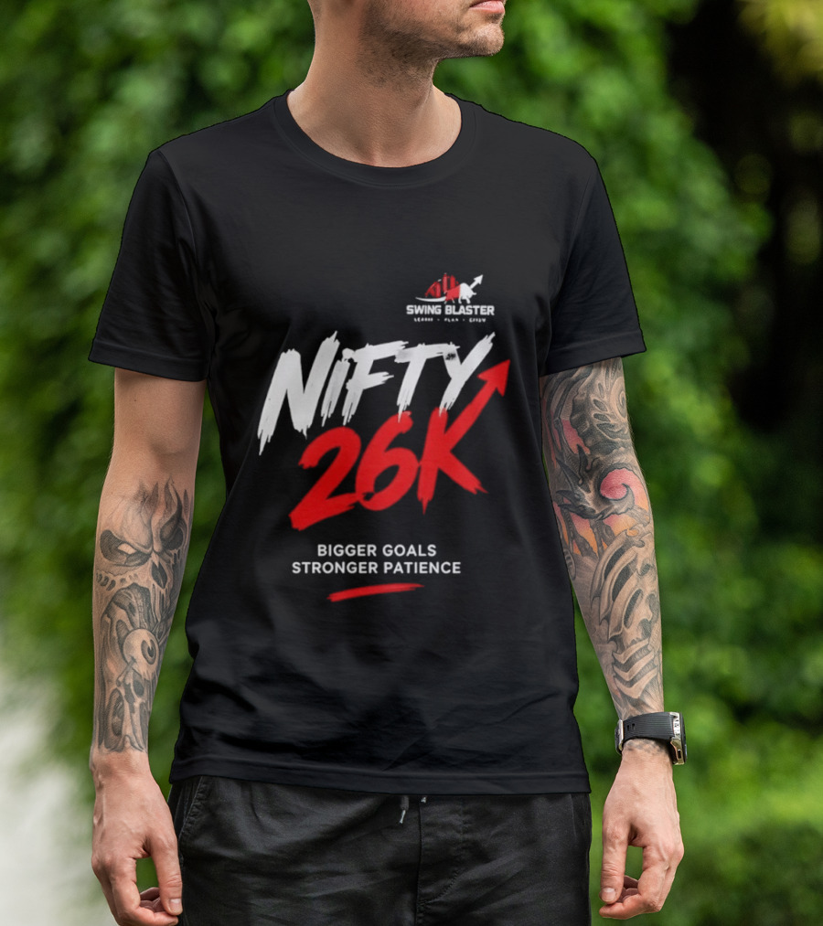 Swing Blaster Nifty 26K Bigger Goals Stronger Patience Bull And Bear Stock Market Trading Insights T-Shirt