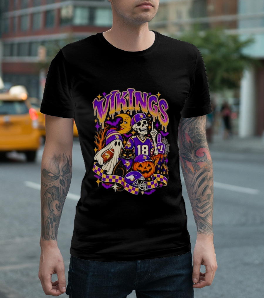 Vikings Halloween Skeleton Football 18 With Ghost Cat And Pumpkins T-Shirt