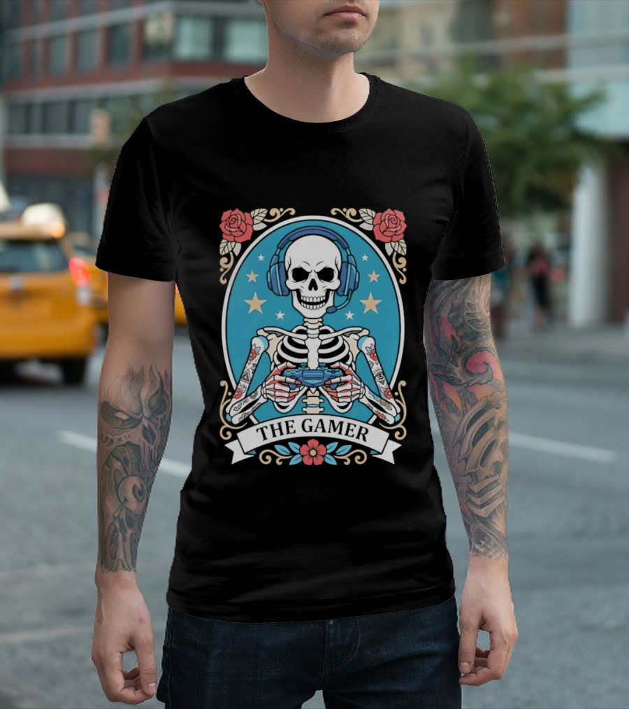 The Gamer Skeleton Headphones Controller Stars Roses T-Shirt