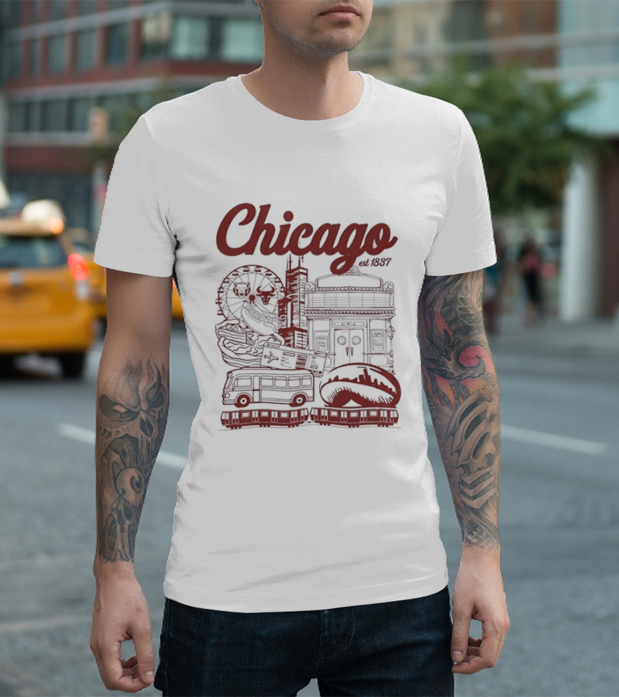 Chicago City Landmarks Illinois Est 1837 Ferris Wheel Hot Dog Retro Bus T-Shirt