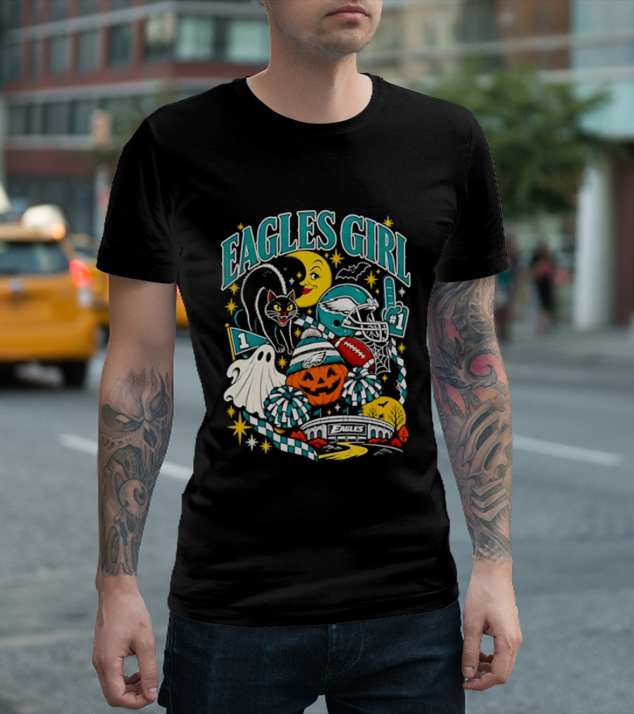 Eagles Girl Halloween Football Moon Cat Pumpkin Stadium T-Shirt