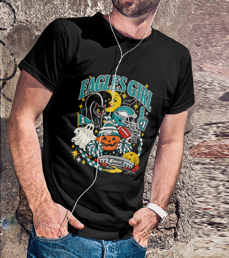 Eagles Girl Halloween Football Moon Cat Pumpkin Stadium T-Shirt