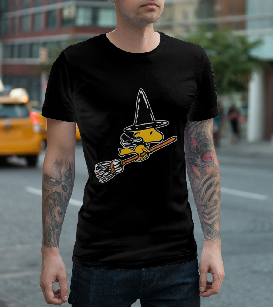 Woodstock Peanuts Halloween Witch Flying On Broomstick T-Shirt