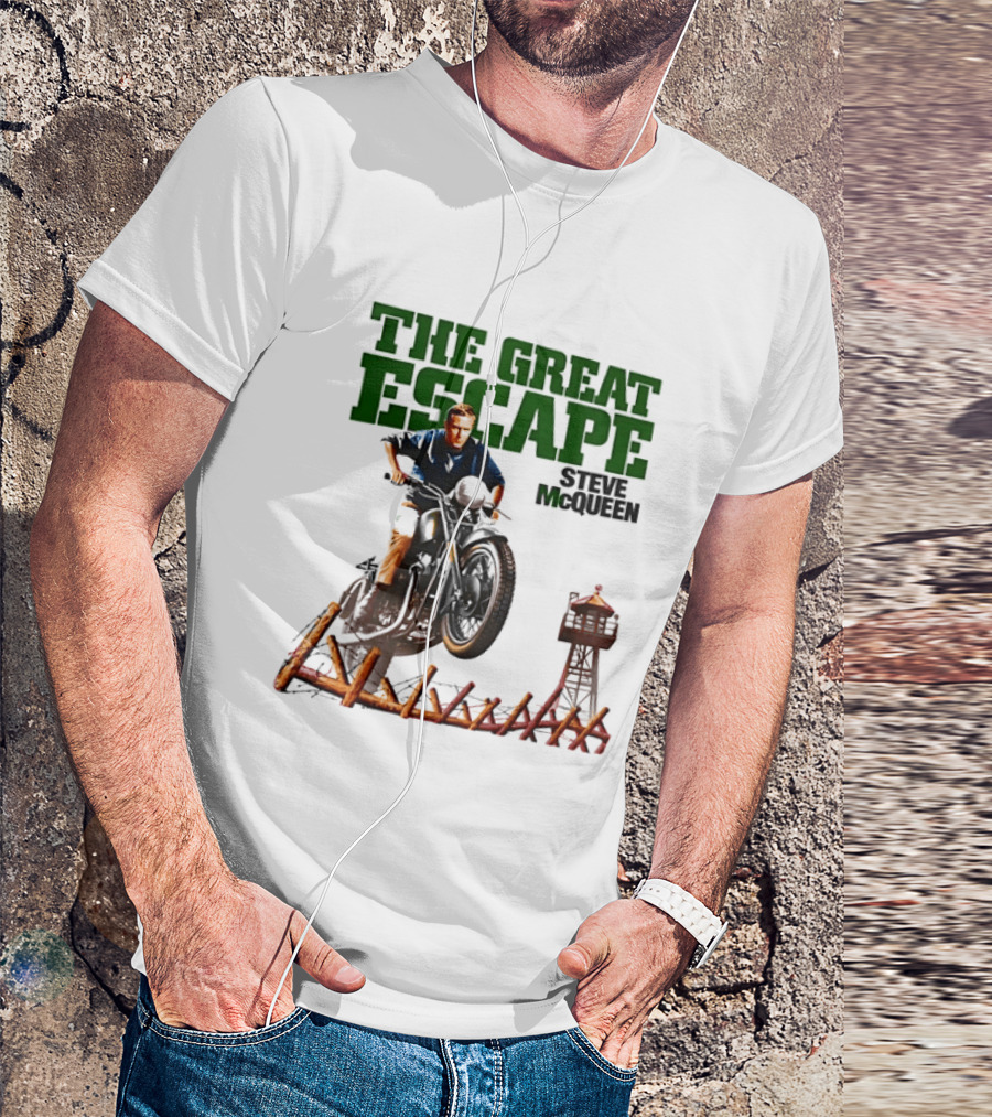 The Great Escape Steve McQueen Motorcycle Jump Classic Movie Scene T-Shirt