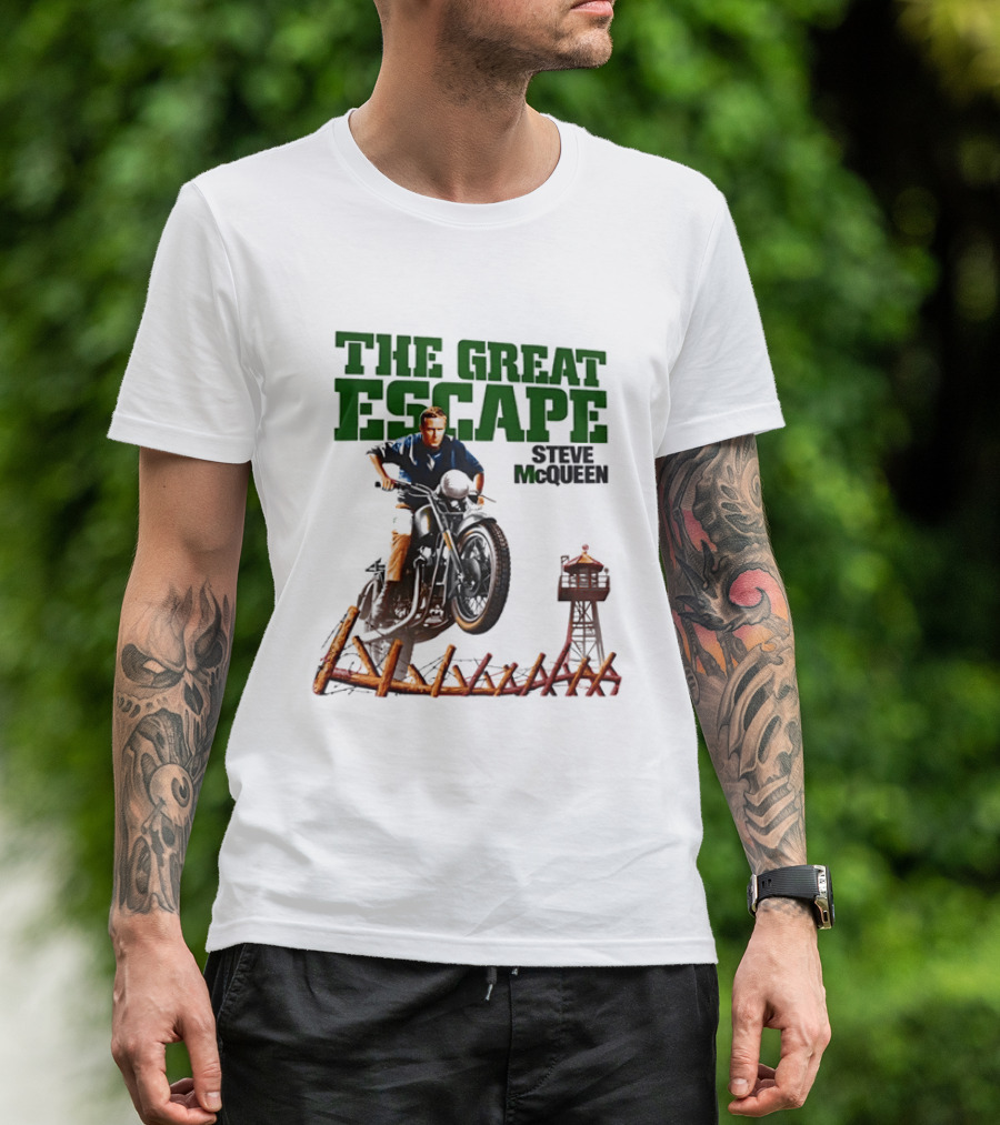 The Great Escape Steve McQueen Motorcycle Jump Classic Movie Scene T-Shirt