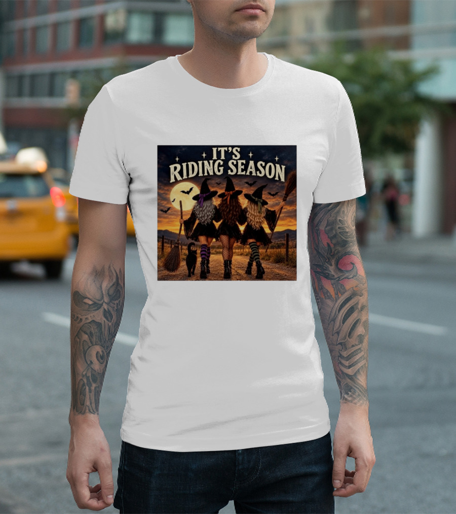 Halloween Witches With Brooms Under Full Moon And Black Cats T-Shirt