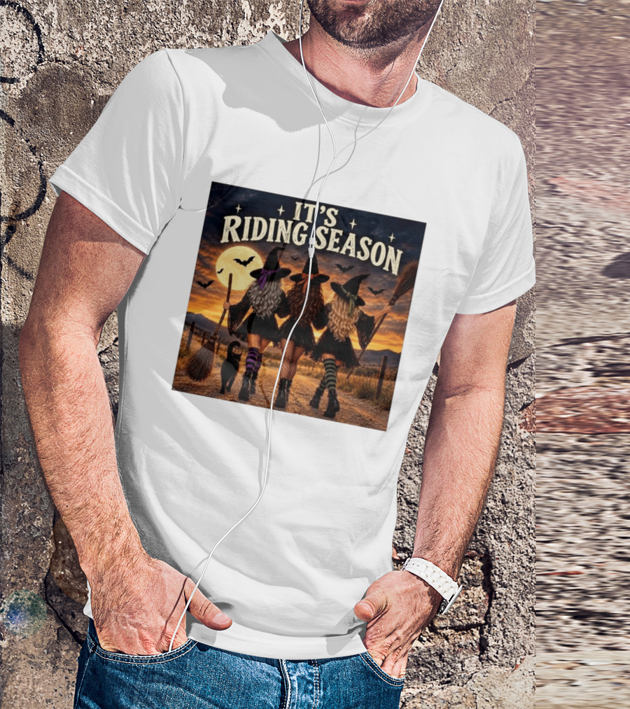 Halloween Witches With Brooms Under Full Moon And Black Cats T-Shirt