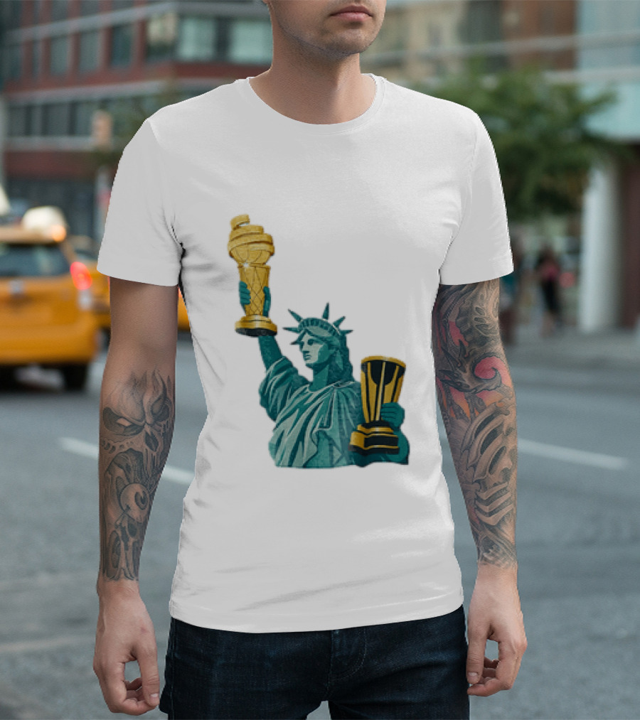 Lady Liberty Holding Dual Championship Trophies Soccer And Basketball T-Shirt