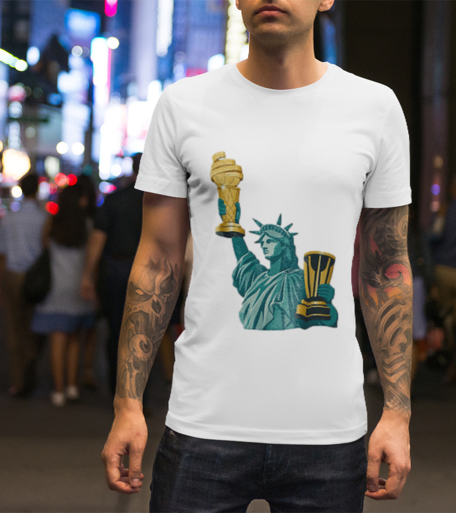 Lady Liberty Holding Dual Championship Trophies Soccer And Basketball T-Shirt