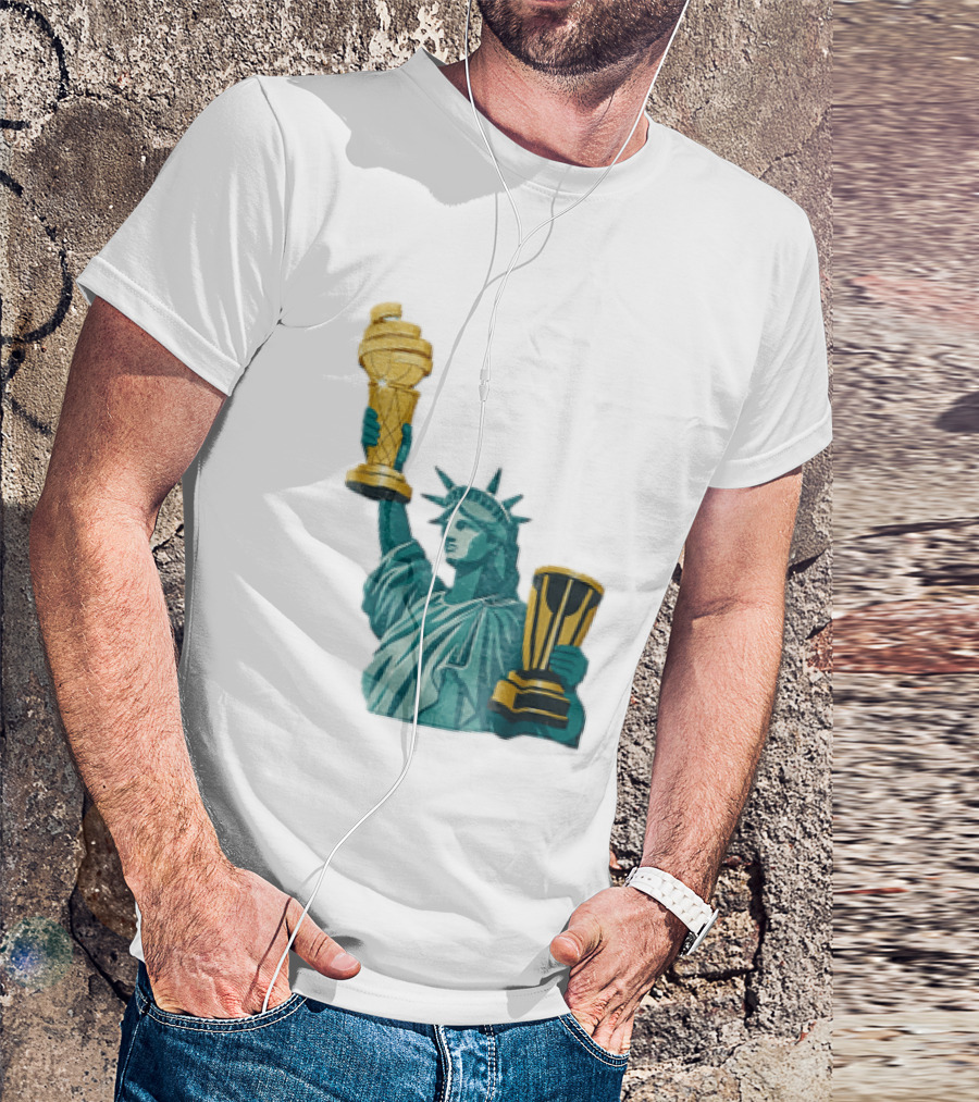 Lady Liberty Holding Dual Championship Trophies Soccer And Basketball T-Shirt