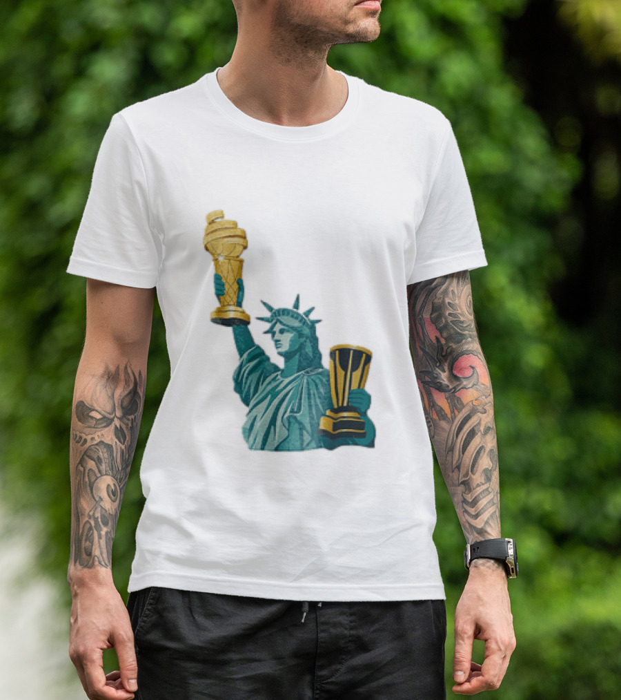 Lady Liberty Holding Dual Championship Trophies Soccer And Basketball T-Shirt