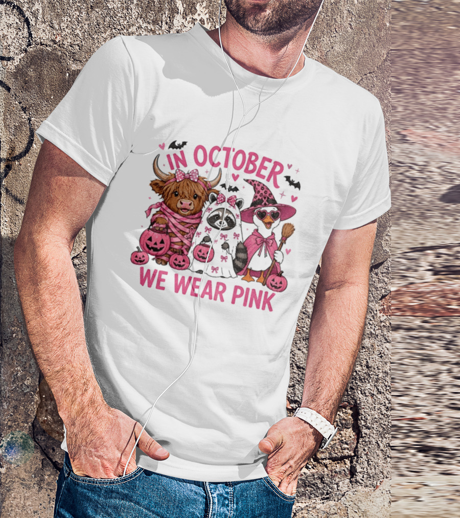 In October We Wear Pink Breast Cancer Support With Halloween Animals T-Shirt