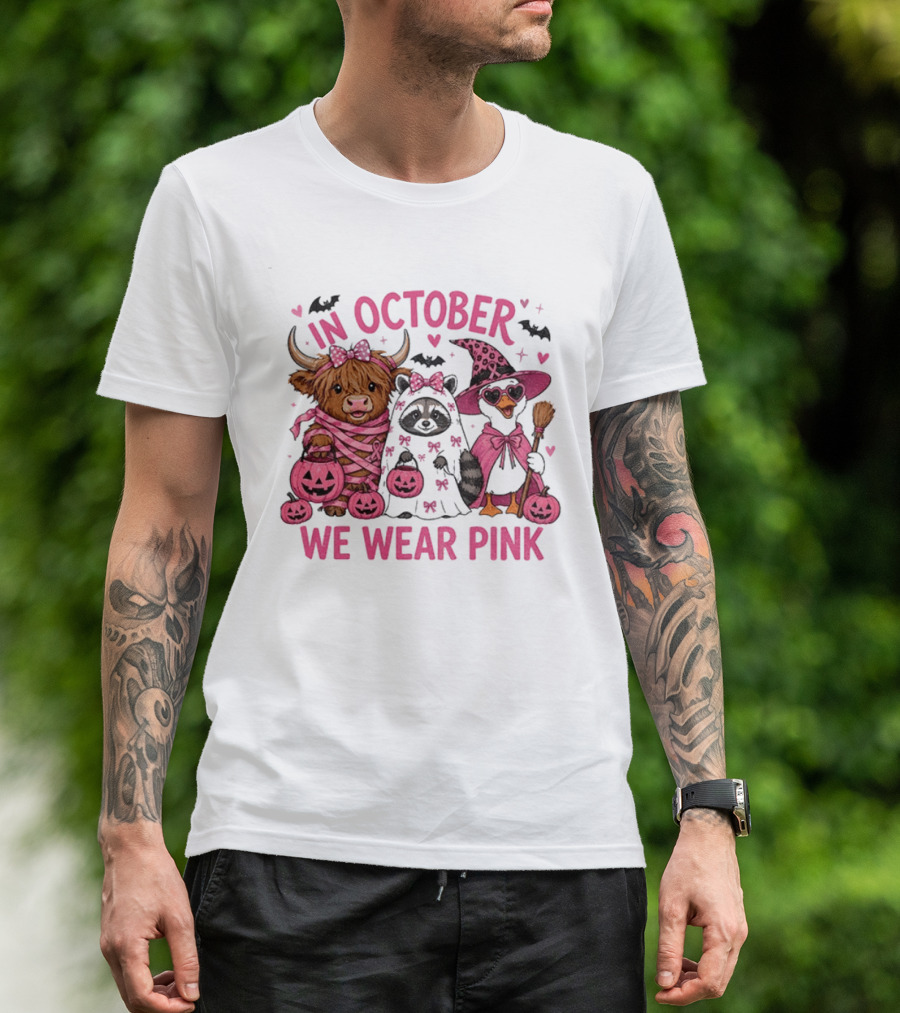 In October We Wear Pink Breast Cancer Support With Halloween Animals T-Shirt