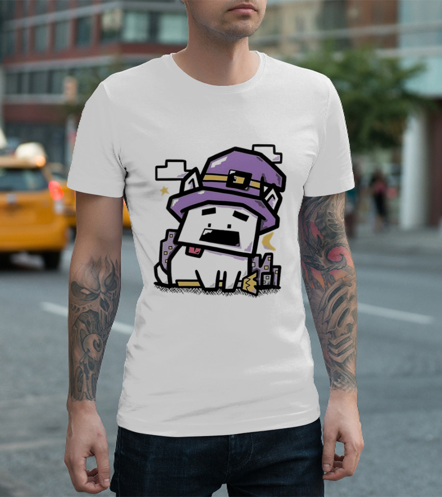 Pixel Cat Wearing Witch Hat Cute Halloween 8 Bit T-Shirt