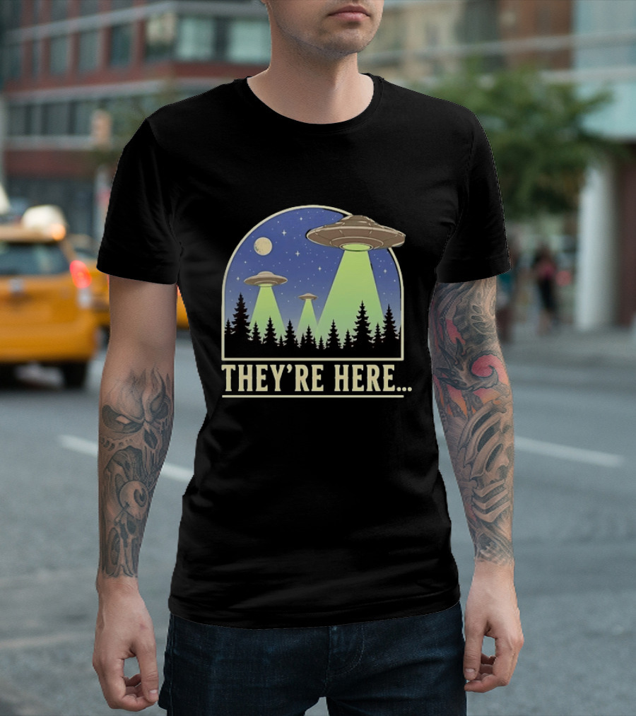They're Here UFO Alien Abduction Night Forest Scene T-Shirt