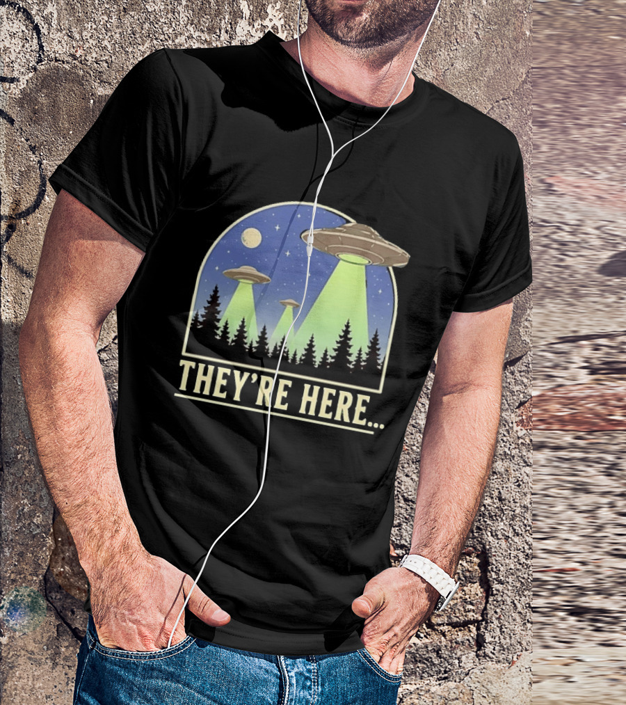 They're Here UFO Alien Abduction Night Forest Scene T-Shirt