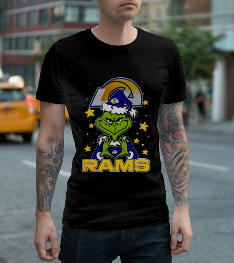 Los Angeles Rams Grinch Santa Hat Christmas Cartoon Fan Gear T-Shirt