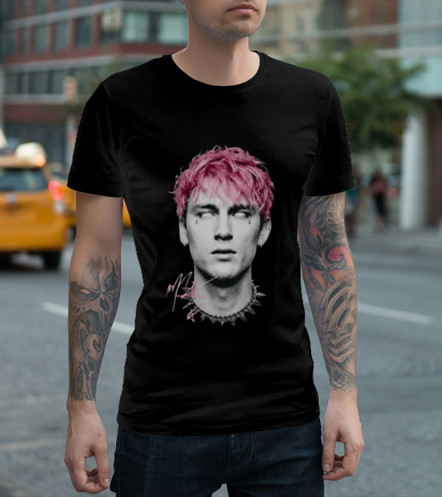 Machine Gun Kelly Pink Hair Spiked Choker Monochrome Signature T-Shirt