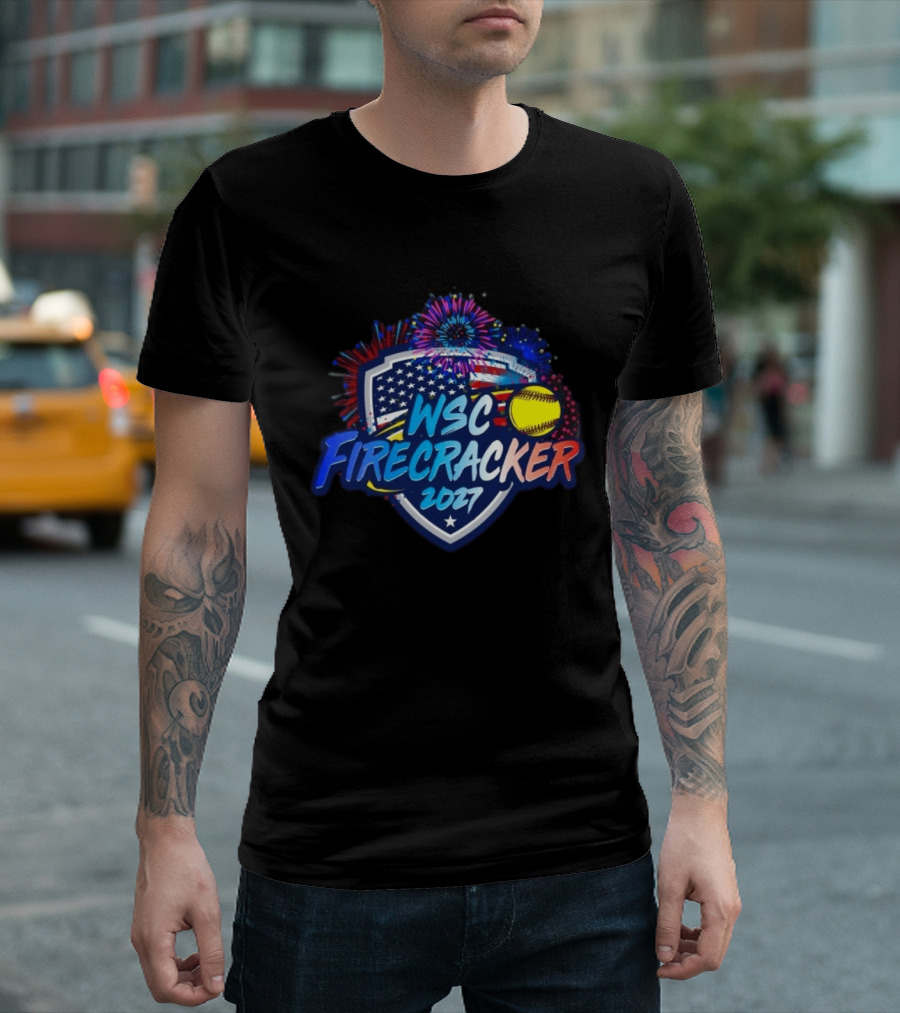 WSC Firecracker 2027 Softball Patriotic Shield Fireworks Yellow Ball Stars T-Shirt