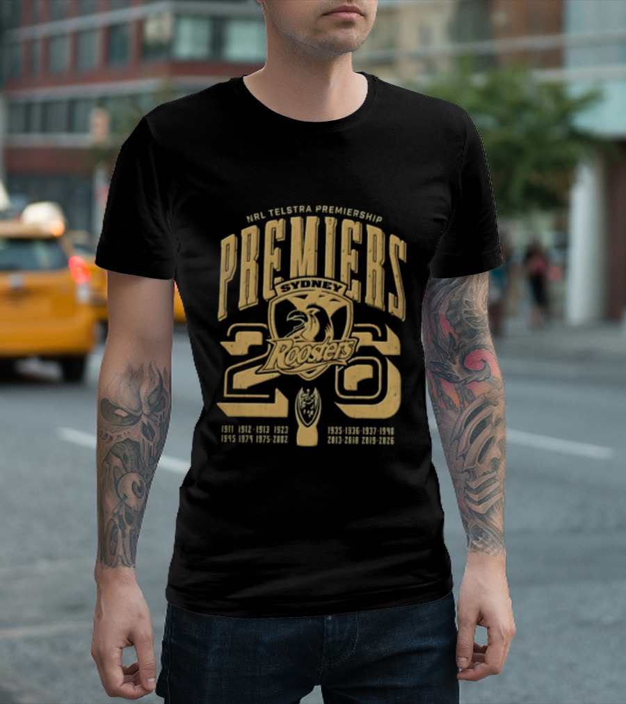 NRL Telstra Premiership Premiers Sydney Roosters 26 Champions History Roosters Gold T-Shirt