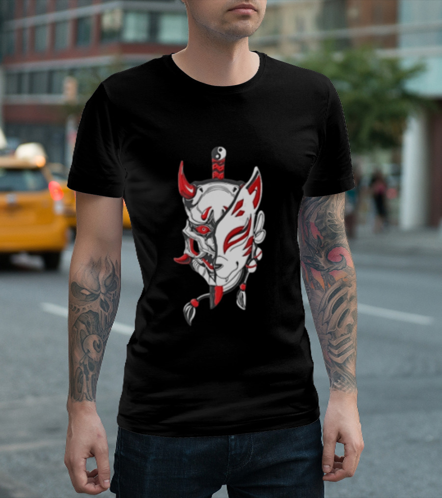 Oni Kitsune Mask Split Samurai Katana Fusion T-Shirt