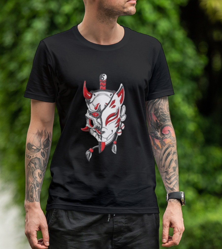 Oni Kitsune Mask Split Samurai Katana Fusion T-Shirt