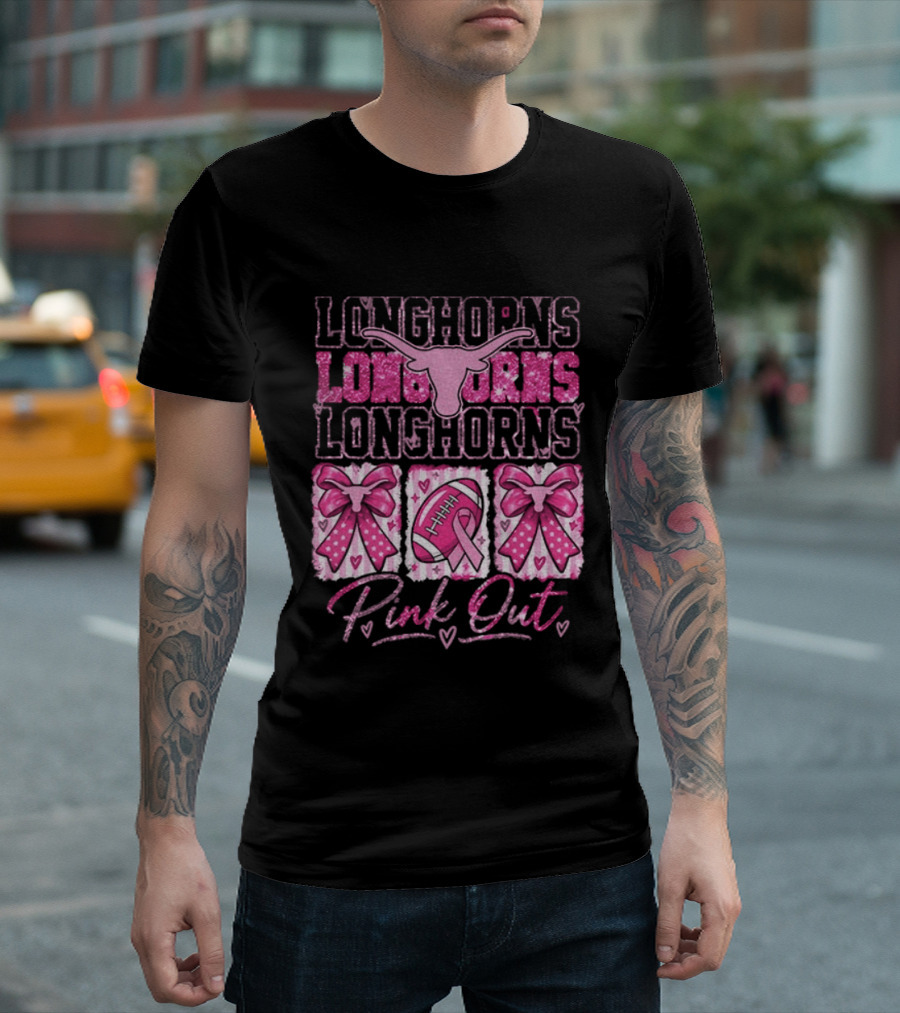 Longhorns Pink Out Breast Cancer Awareness Football Game Day Bows T-Shirt