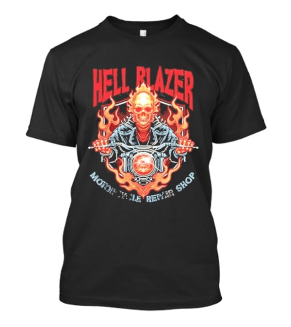 Hell Blazer Motorcycle Repair Shop Fiery Skull And Flames T-Shirt