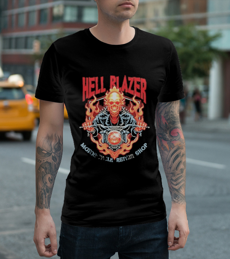 Hell Blazer Motorcycle Repair Shop Fiery Skull And Flames T-Shirt