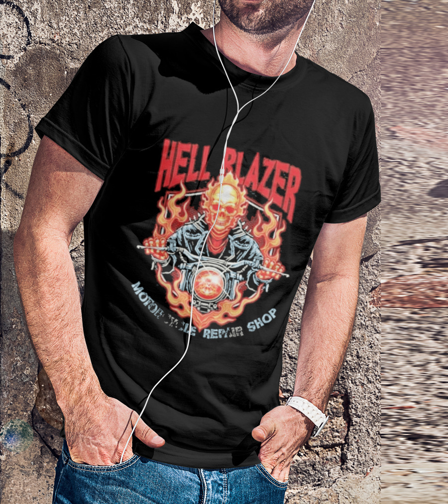 Hell Blazer Motorcycle Repair Shop Fiery Skull And Flames T-Shirt