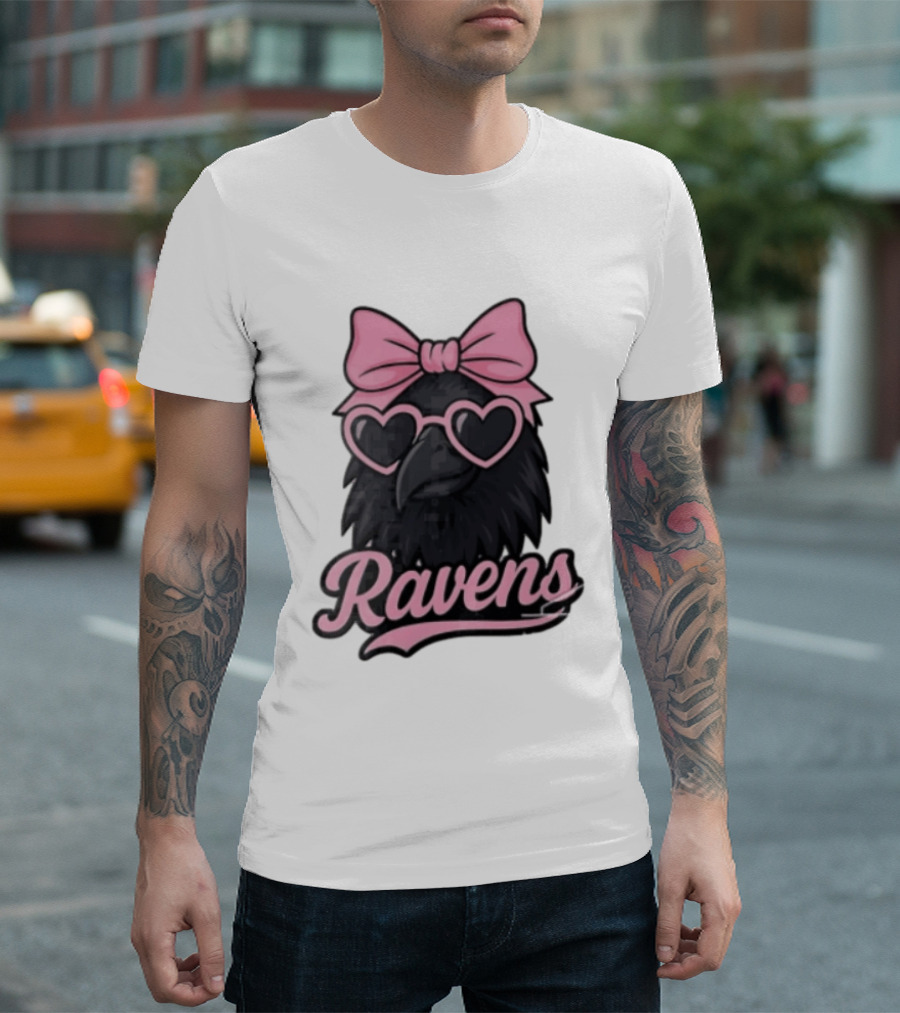Ravens Raven Pink Bow Heart Sunglasses T-Shirt