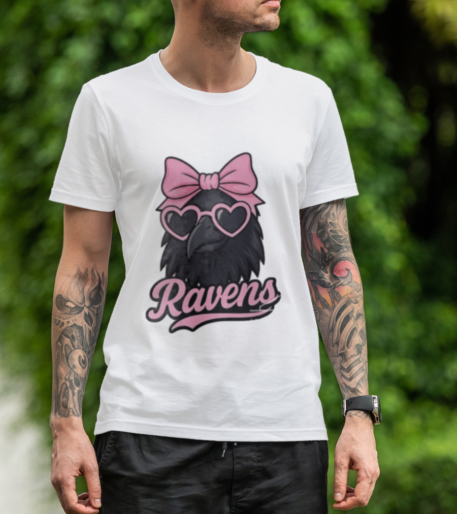 Ravens Raven Pink Bow Heart Sunglasses T-Shirt