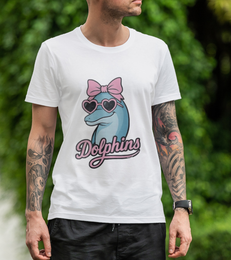 Dolphins Blue Dolphin Pink Bow Heart Sunglasses T-Shirt
