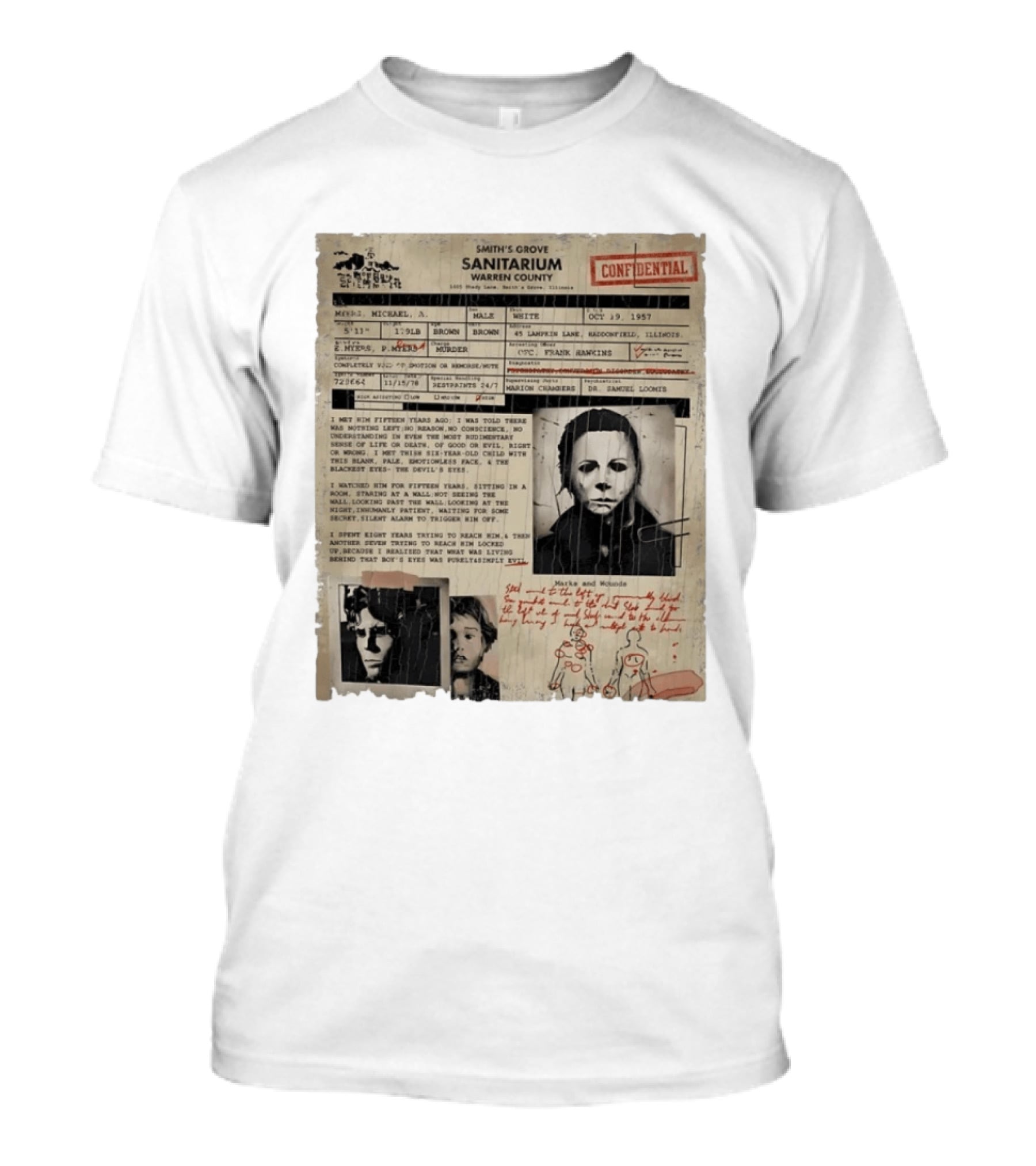 Smith's Grove Sanitarium Confidential Patient File Michael Myers Vintage Horror Movie Scene T-Shirt
