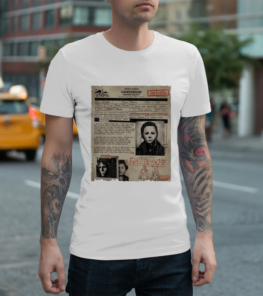 Smith's Grove Sanitarium Confidential Patient File Michael Myers Vintage Horror Movie Scene T-Shirt