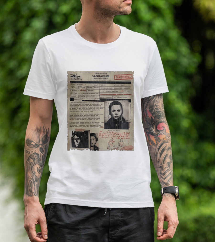 Smith's Grove Sanitarium Confidential Patient File Michael Myers Vintage Horror Movie Scene T-Shirt