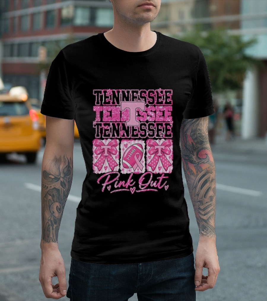 Tennessee Volunteers Pink Out Breast Cancer Awareness Game Day Football Bow Ribbons T-Shirt