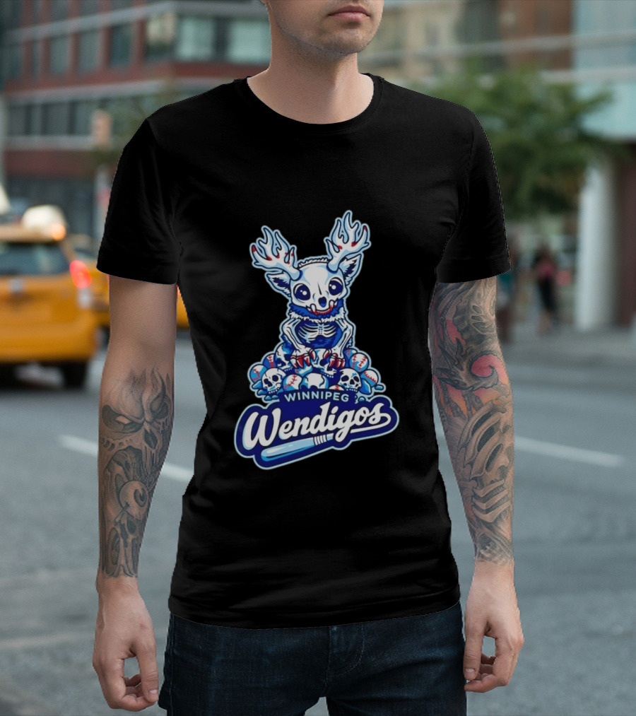 Winnipeg Wendigos Baseball Skull With Antlers And Blue Bats T-Shirt