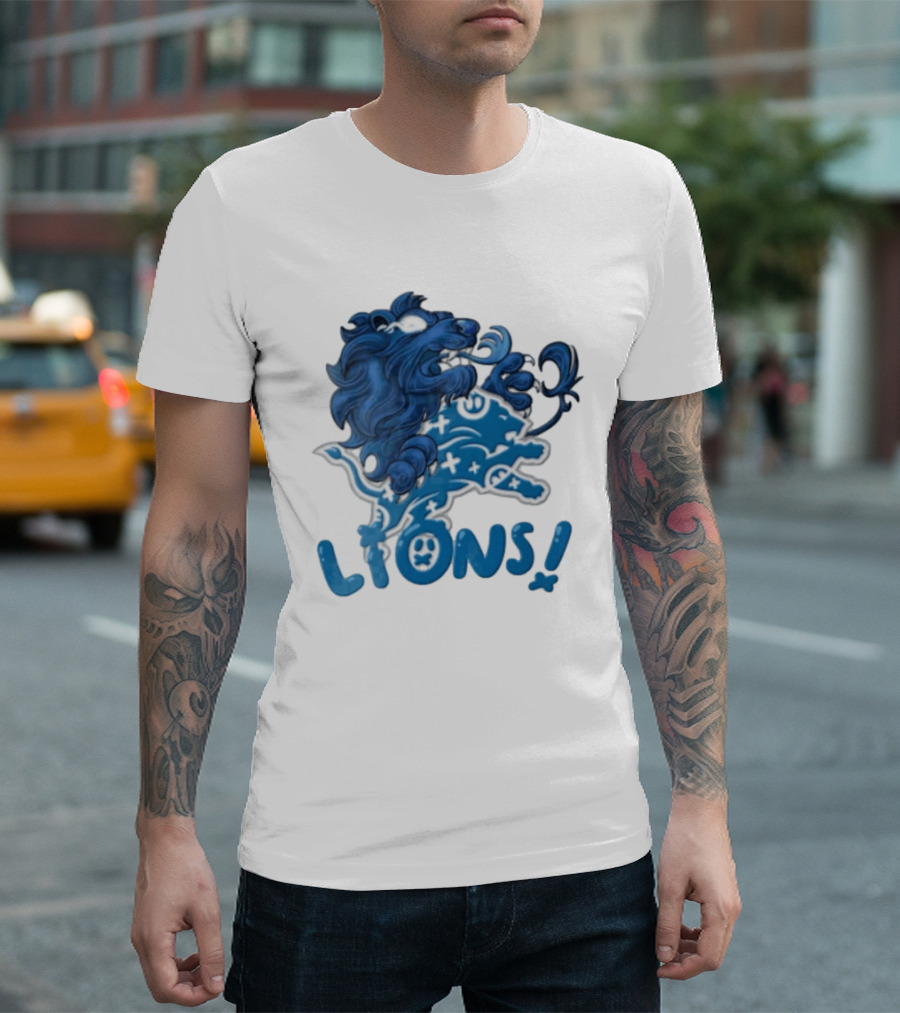 Detroit Lions Blue Lion Roaring Mascot With Playful Lettering T-Shirt