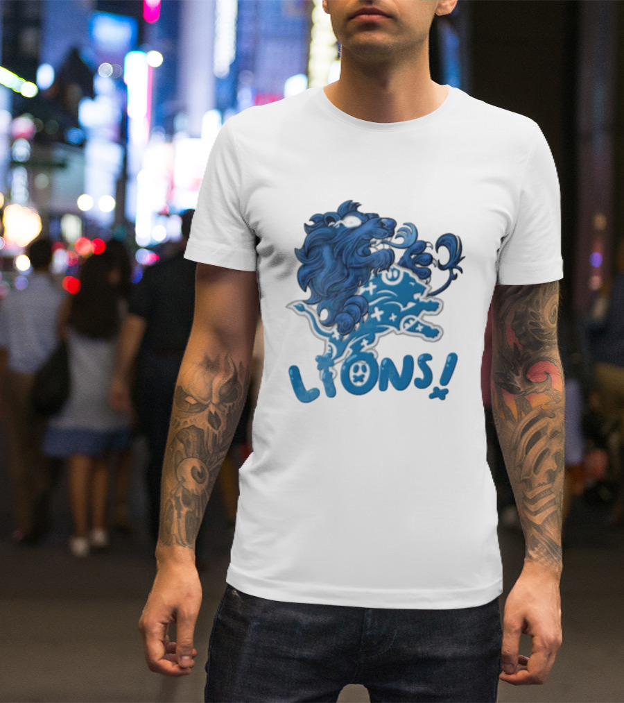 Detroit Lions Blue Lion Roaring Mascot With Playful Lettering T-Shirt