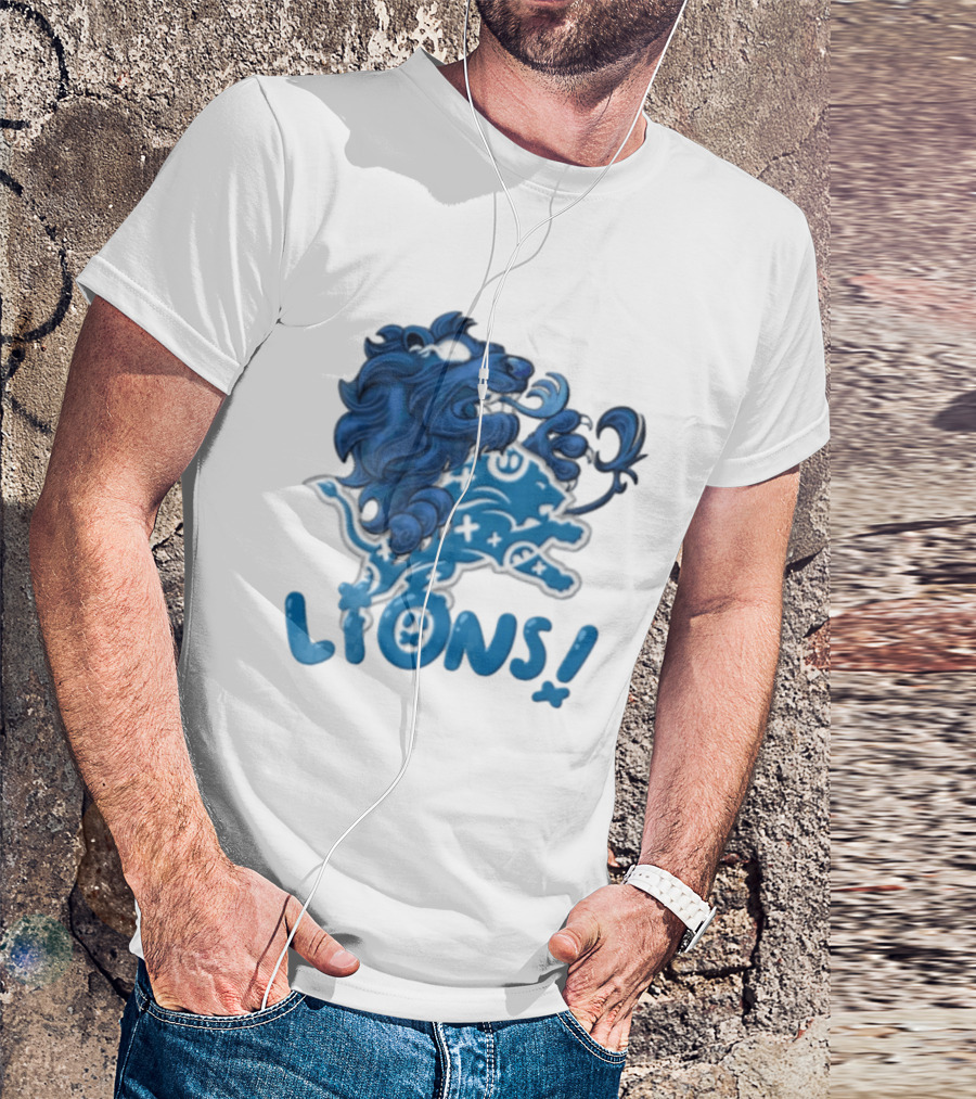 Detroit Lions Blue Lion Roaring Mascot With Playful Lettering T-Shirt