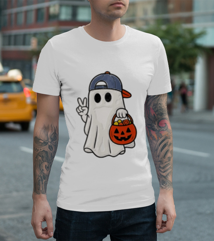 Ghost In Cap With Peace Sign Holding Pumpkin Bucket Halloween T-Shirt