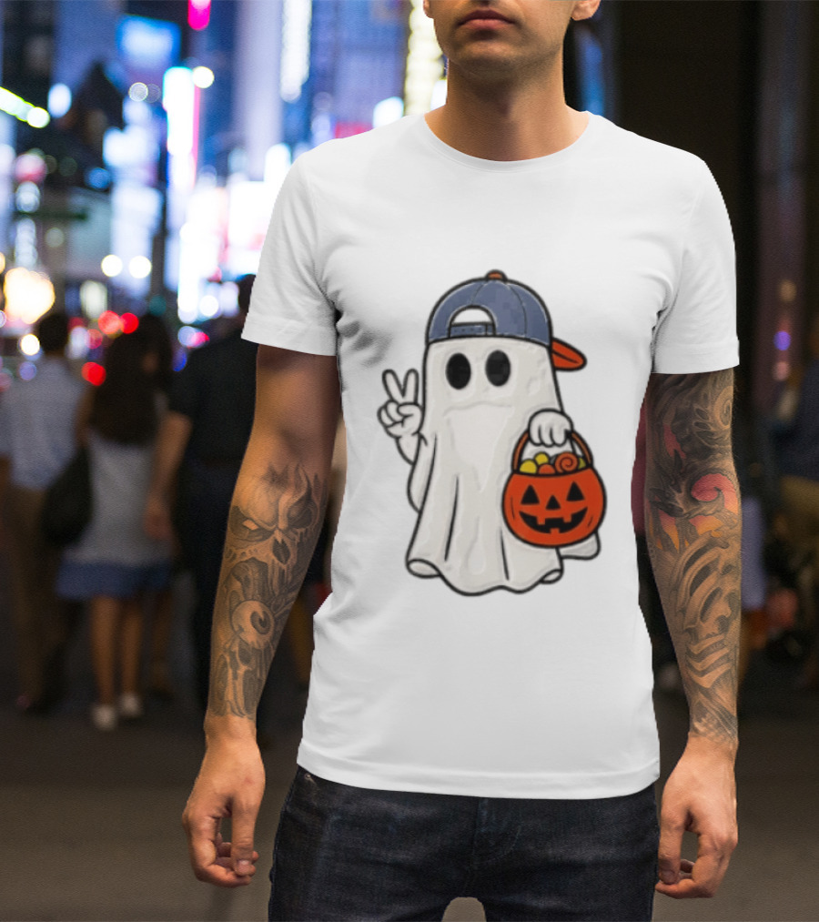 Ghost In Cap With Peace Sign Holding Pumpkin Bucket Halloween T-Shirt