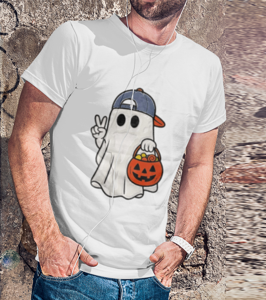 Ghost In Cap With Peace Sign Holding Pumpkin Bucket Halloween T-Shirt