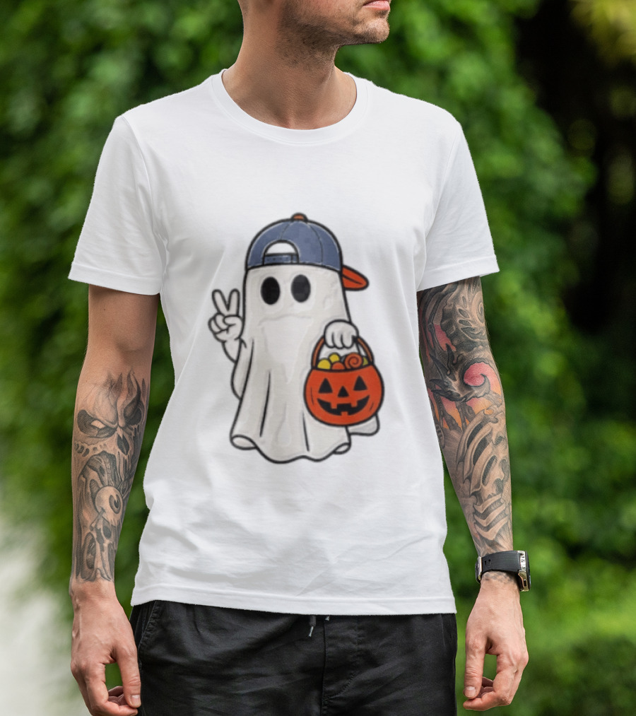 Ghost In Cap With Peace Sign Holding Pumpkin Bucket Halloween T-Shirt