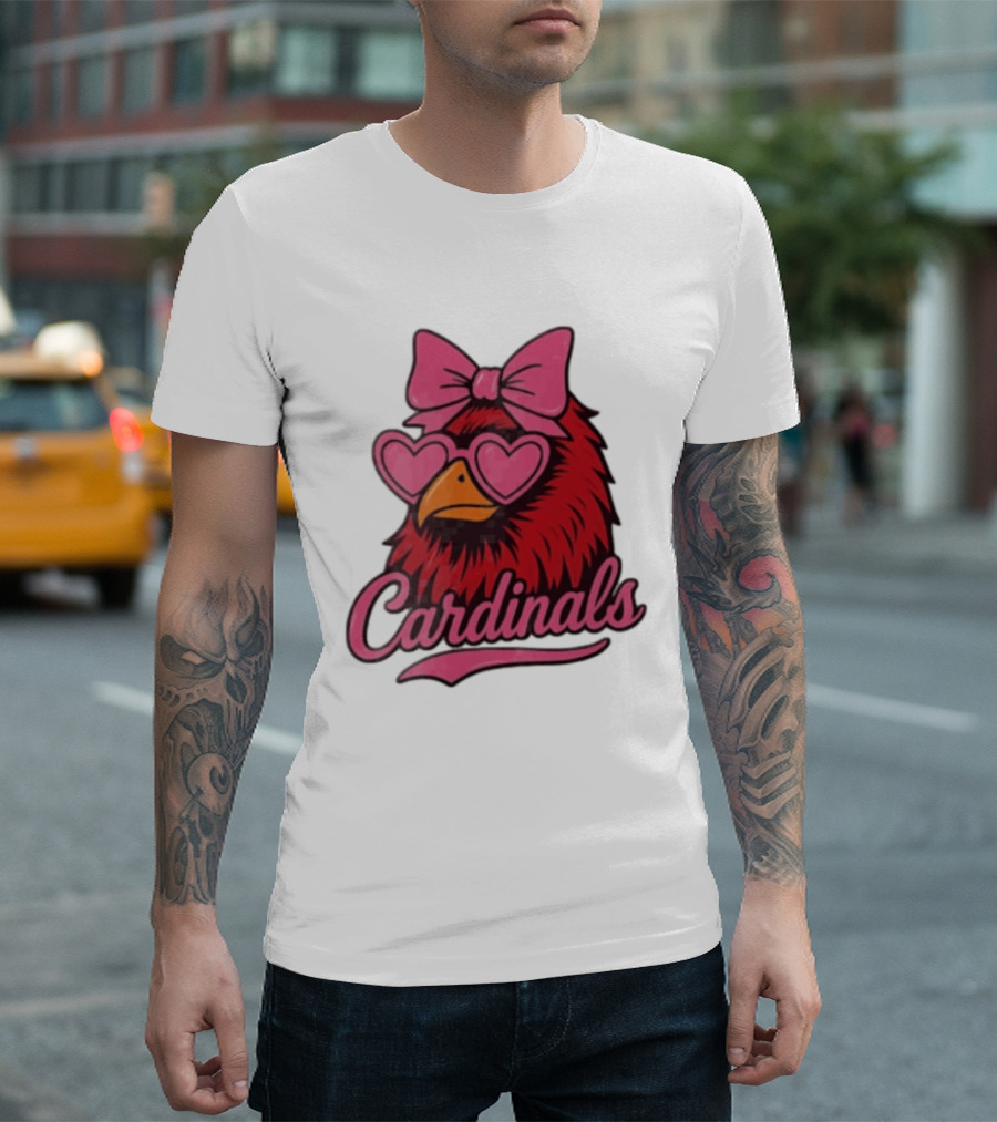 St Louis Cardinals Red Bird Pink Bow Heart Glasses T-Shirt