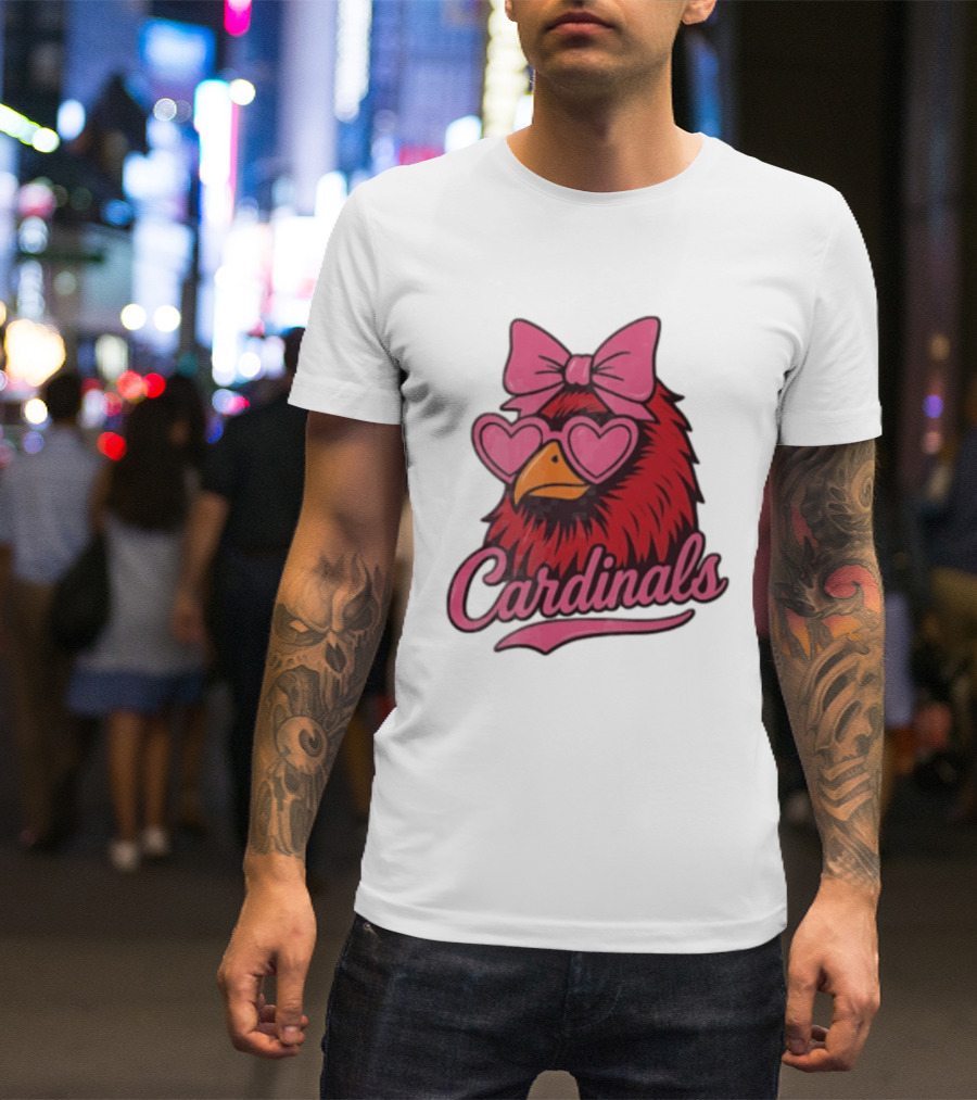 St Louis Cardinals Red Bird Pink Bow Heart Glasses T-Shirt